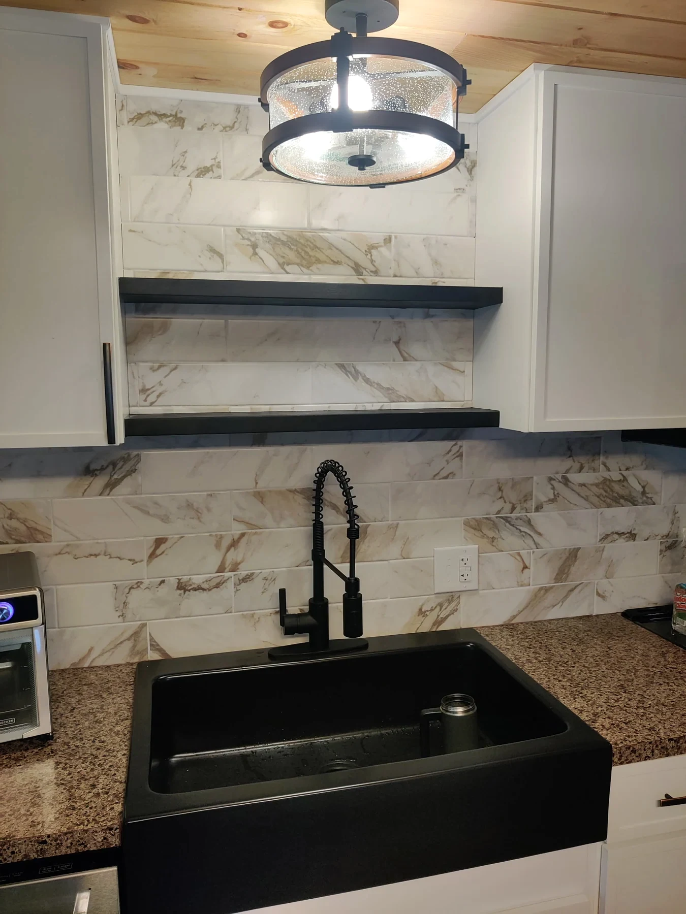 Bathroom vanity, mirror and light wall tile